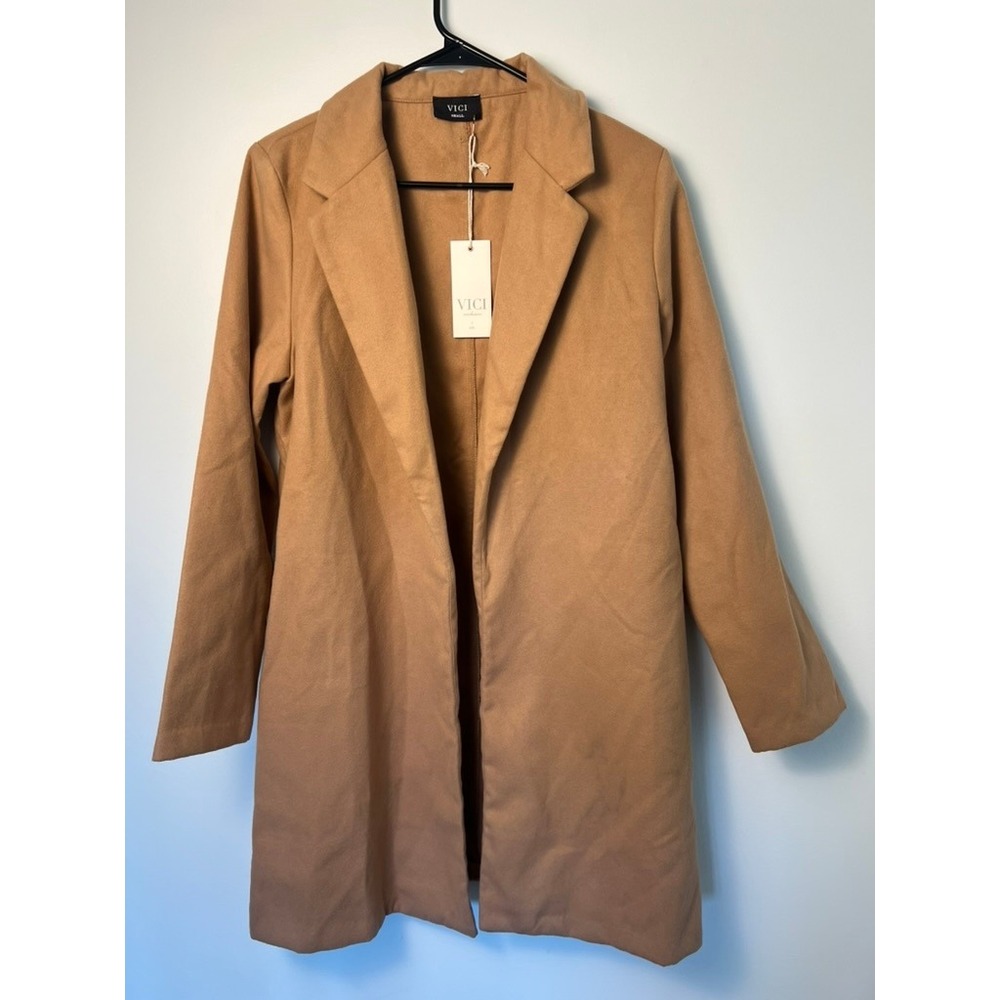 NWT! VICI Coat Wm Sm Tan Camel Open Front Notched Lapel Mid Length Jacket‎